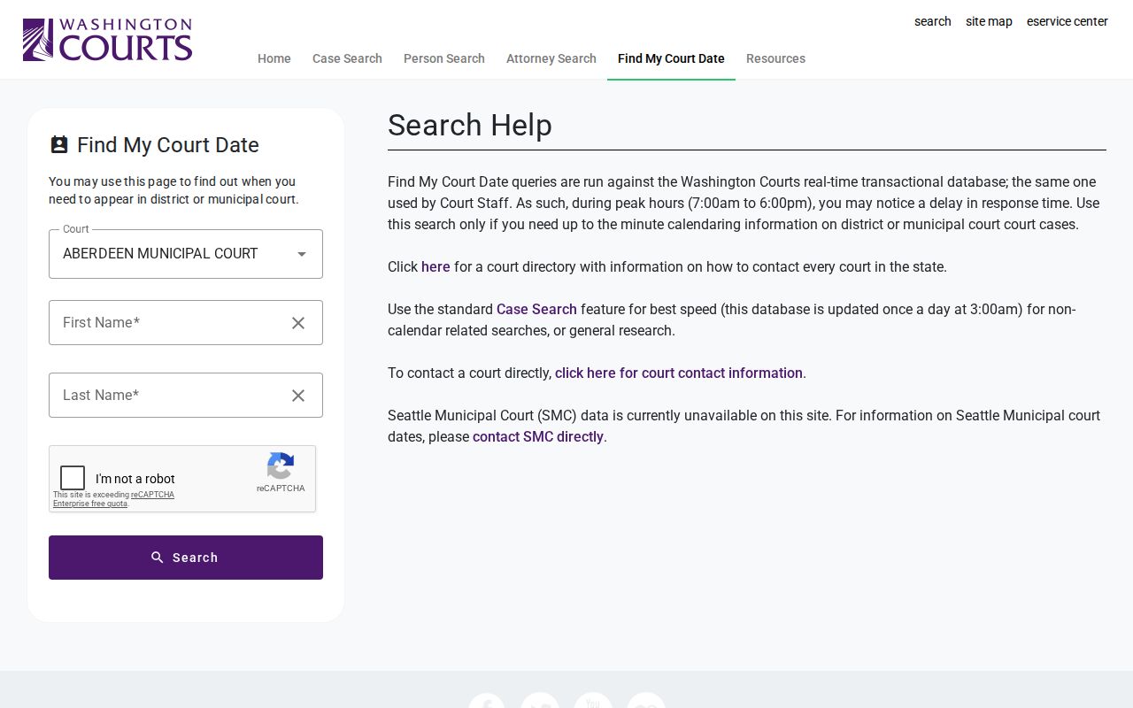 Find My Court Date selector for Pend Oreille County docket settings