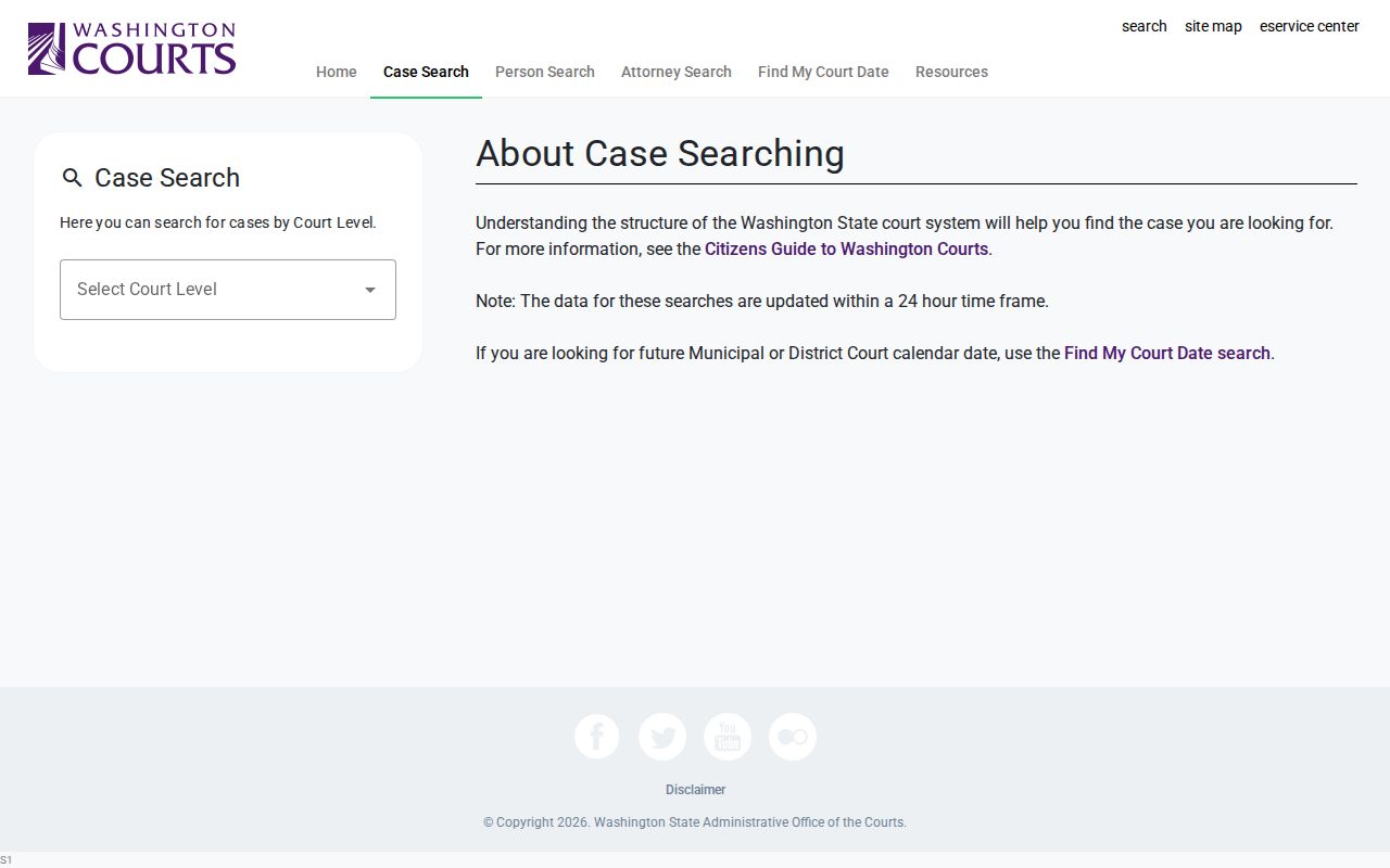 Washington Case Search controls for Pend Oreille County court dockets